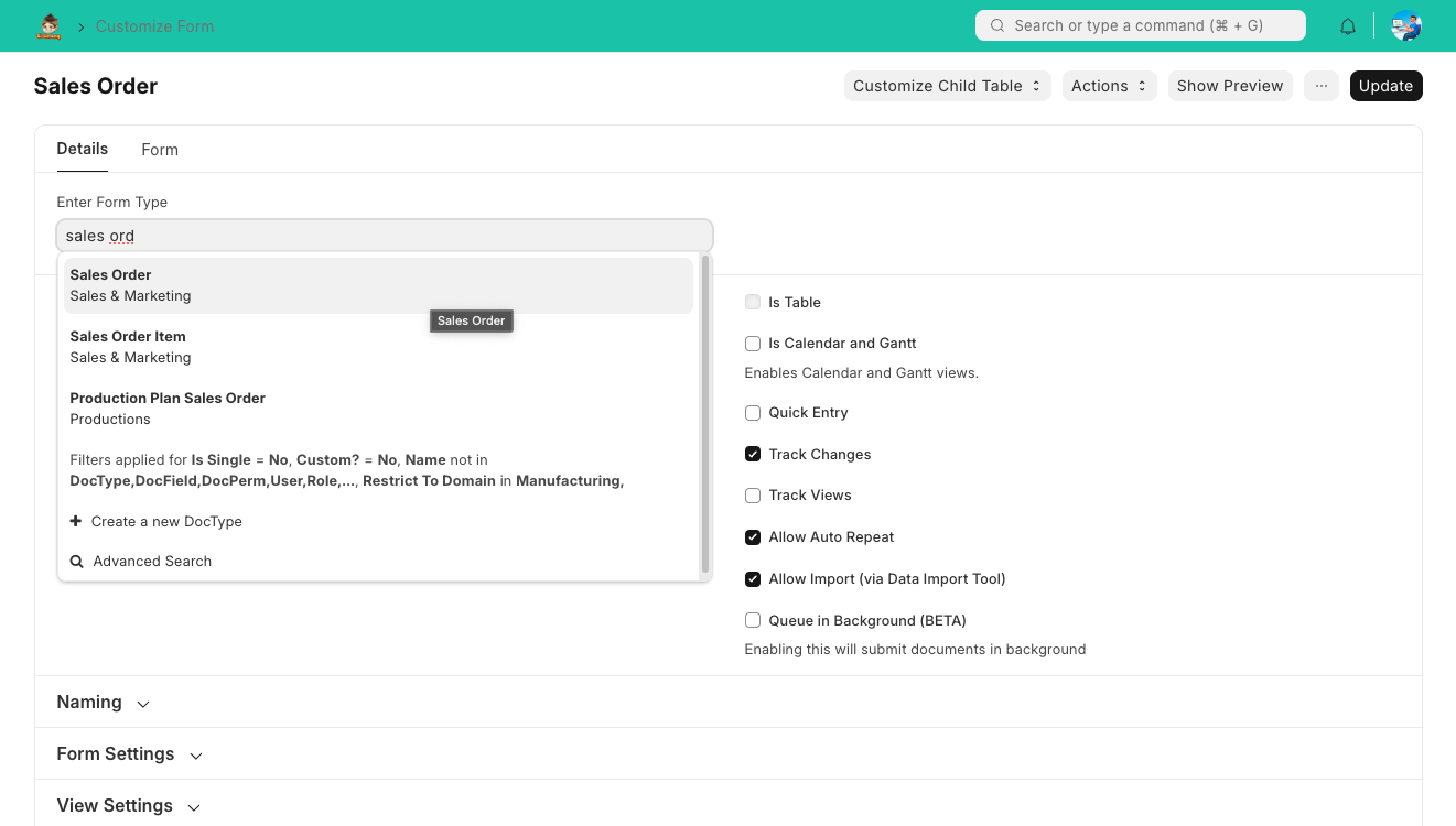 Akses Customize Form