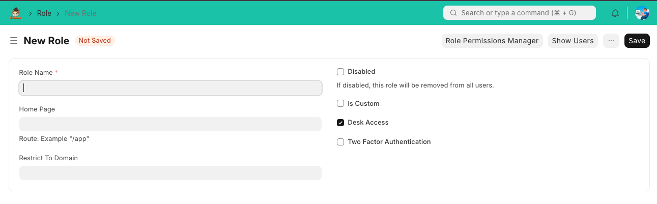 Tampilan Formulir Peran Baru (New Role)