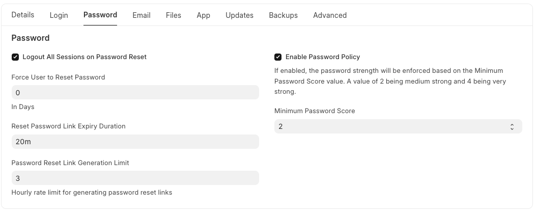 Tampilan Tab Password di System Settings
